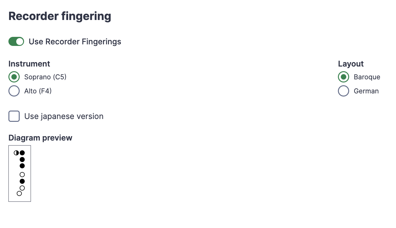 Recorder fingerings Settings