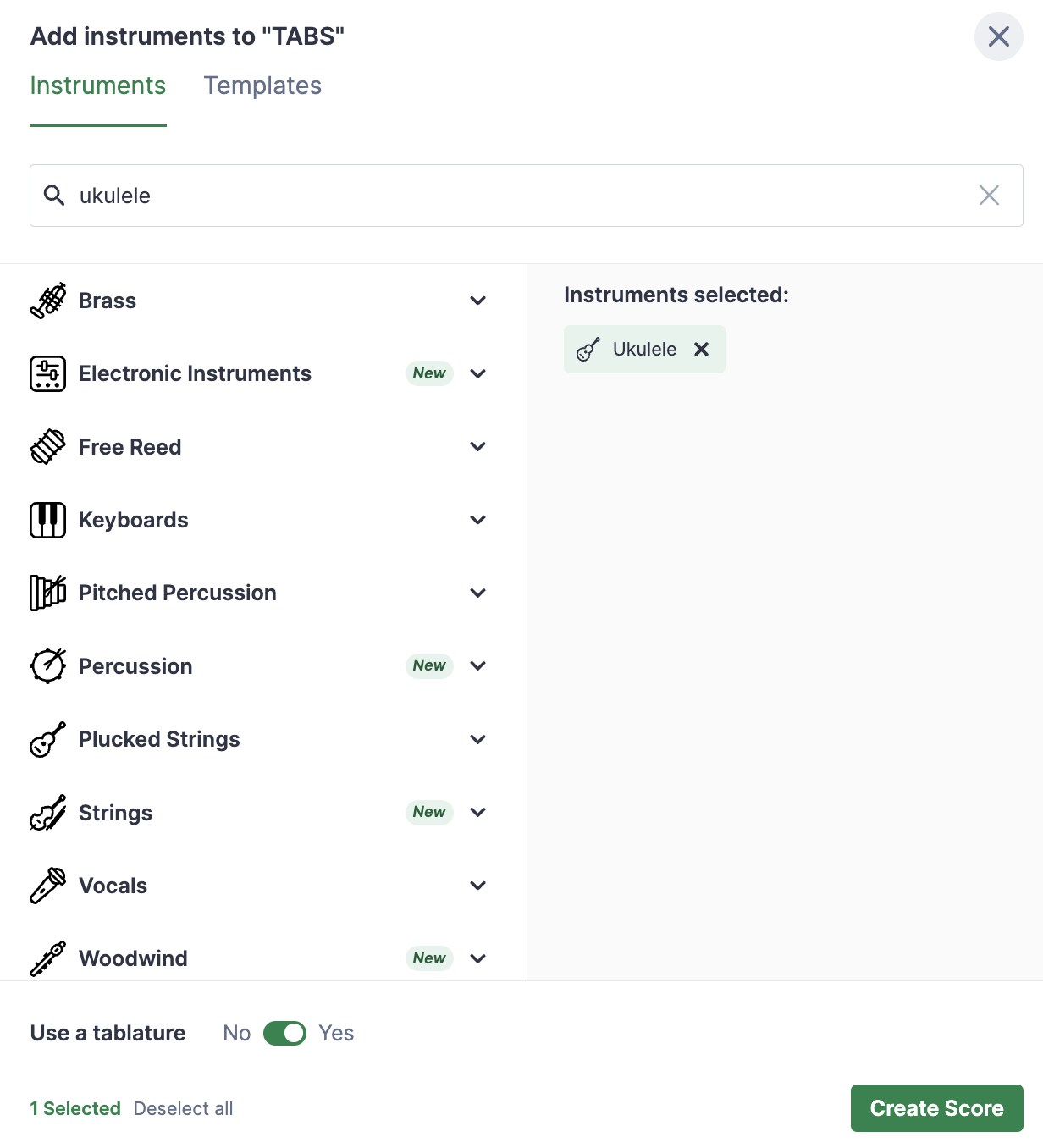 Enabling tabs when creating a score