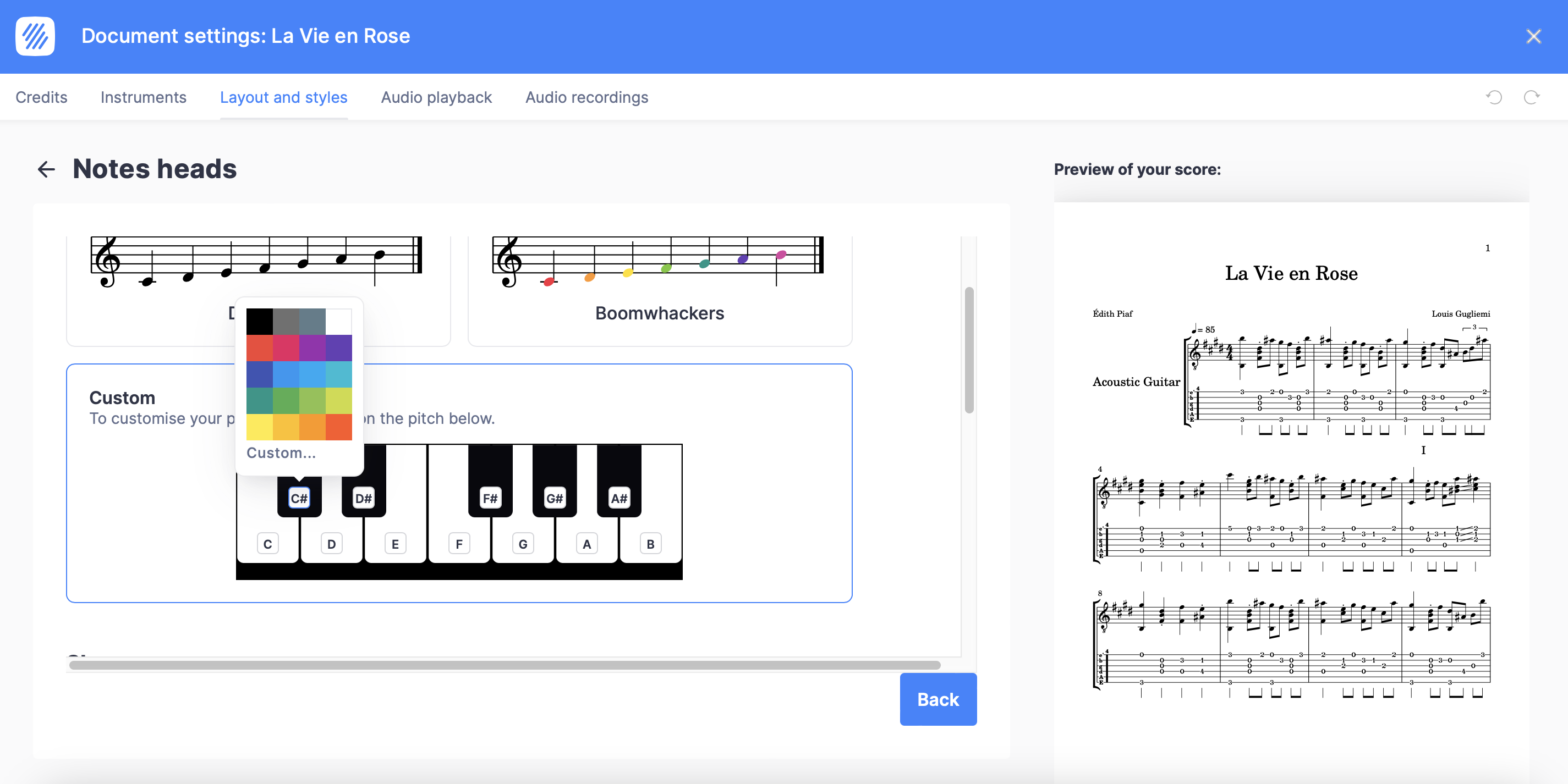 Choosing your custom color noteheads