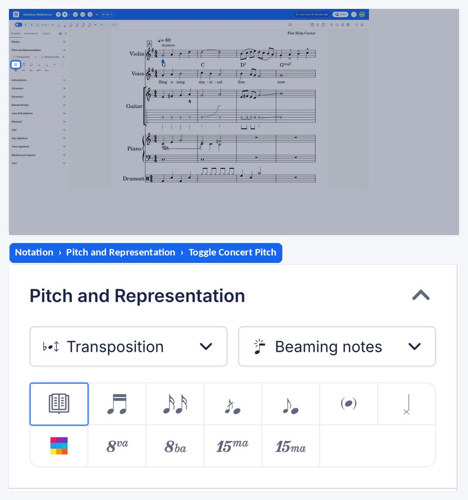 Switching a score between written pitch and concert pitch