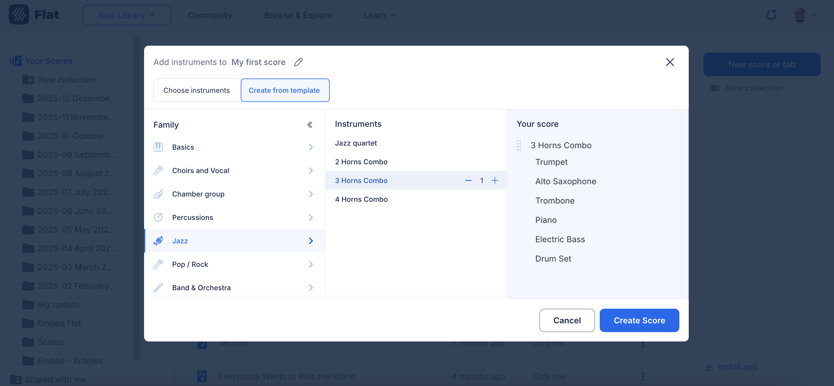 New score with instrument templates