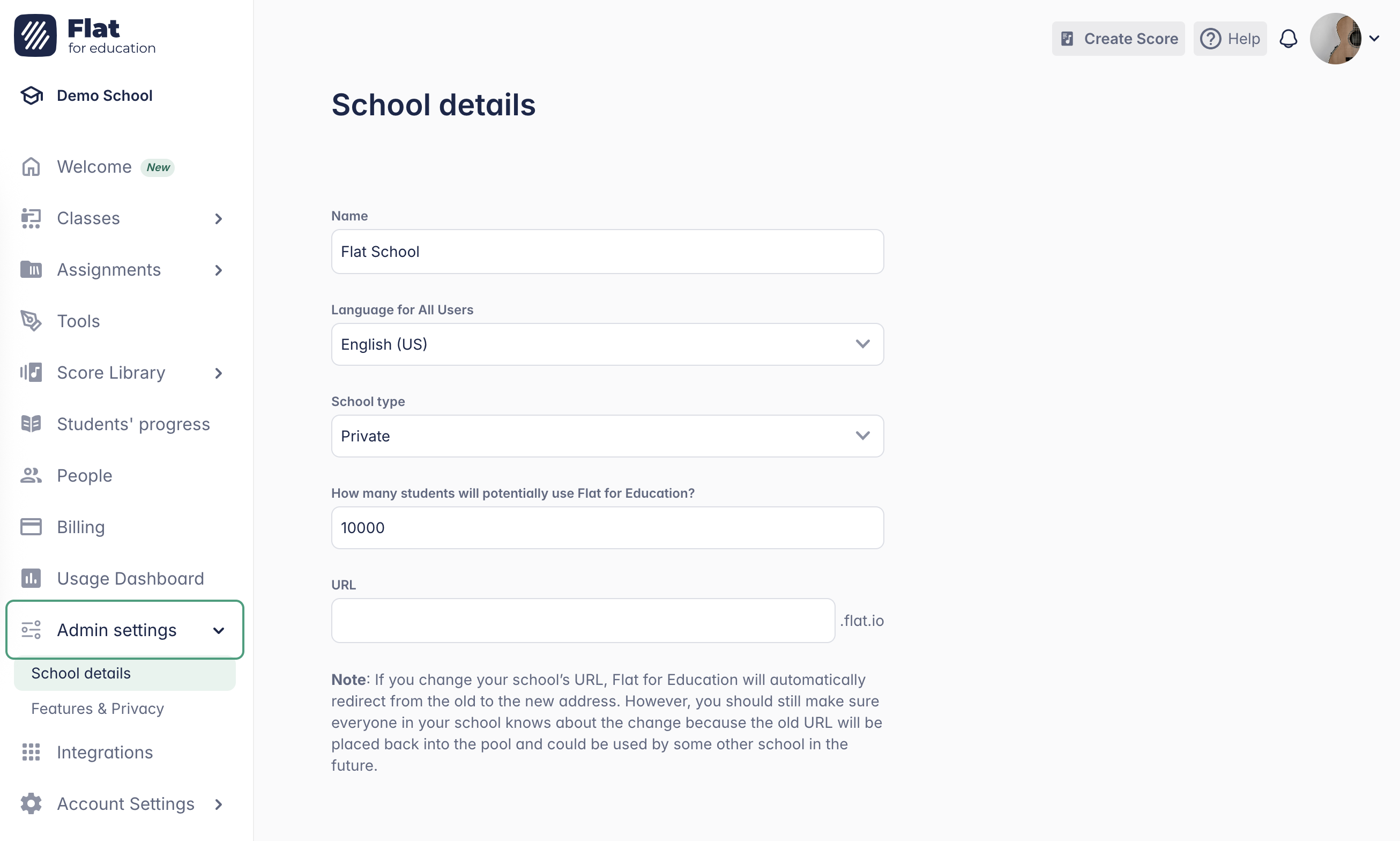 Flat for Education Admin dashboard showing all available sections including billing, classes, and settings