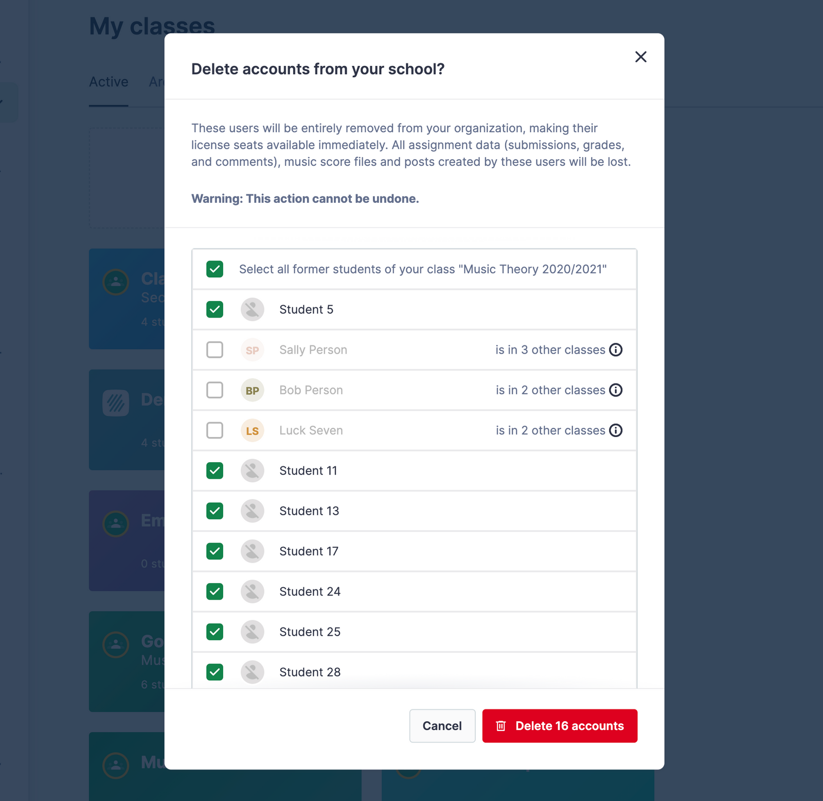 Choose the students to delete from the list