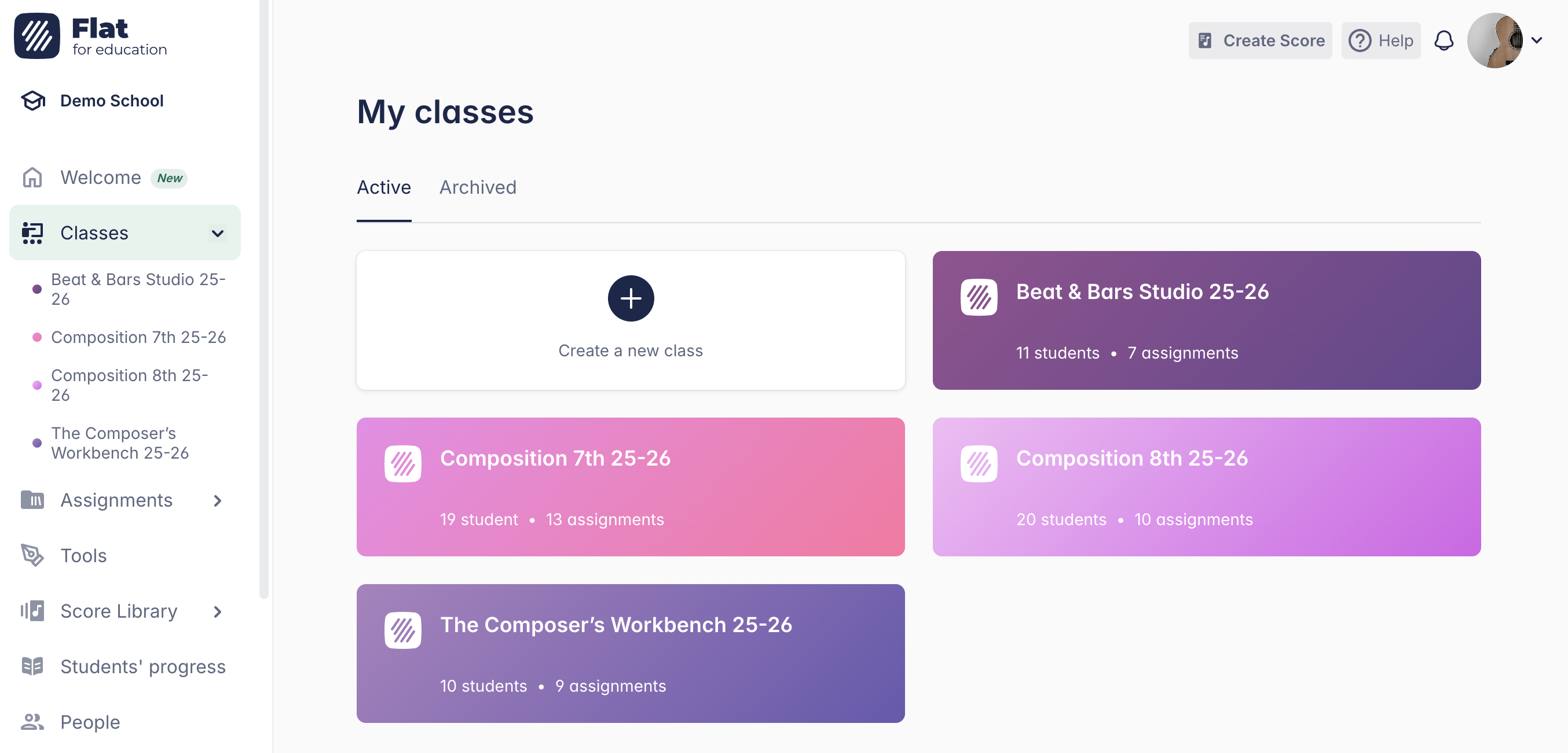 Flat for Education teacher dashboard with active classes