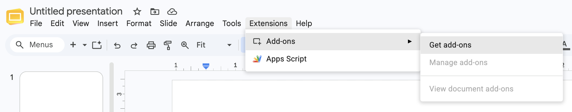 Google Docs menu bar with Extensions > Add-ons > Get add-ons highlighted