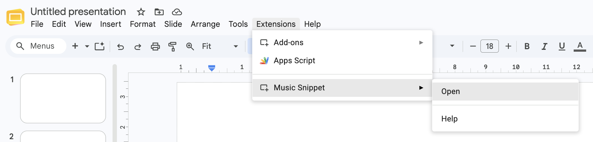 Extensions menu with Music Snippet > Open Music Snippet highlighted