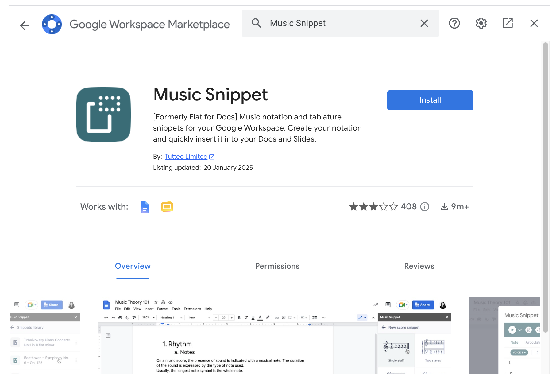 Google Workspace Marketplace search results showing Music Snippet