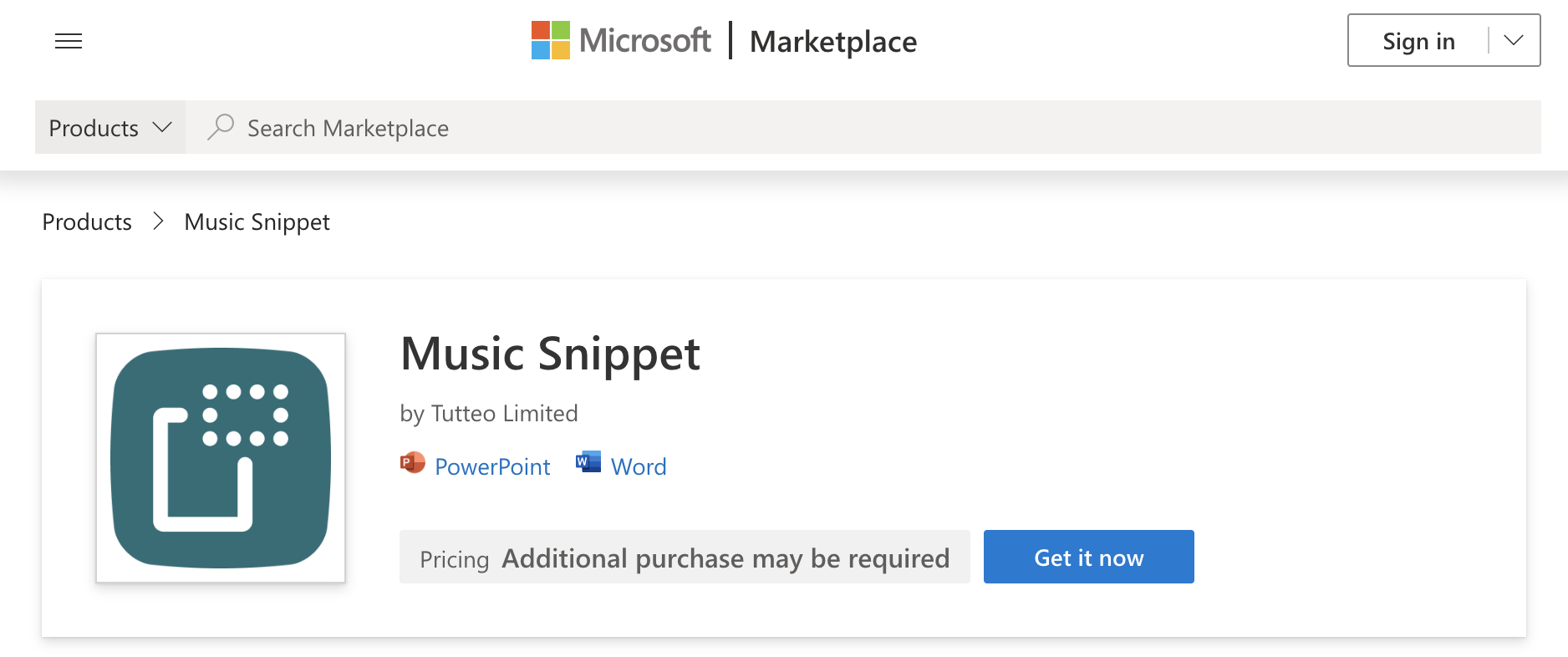 Microsoft Store page for the Music Snippet add-in