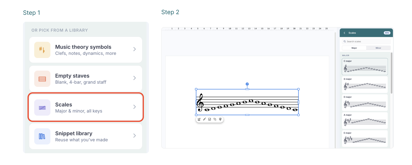 Music Snippet panel showing the Scales tab