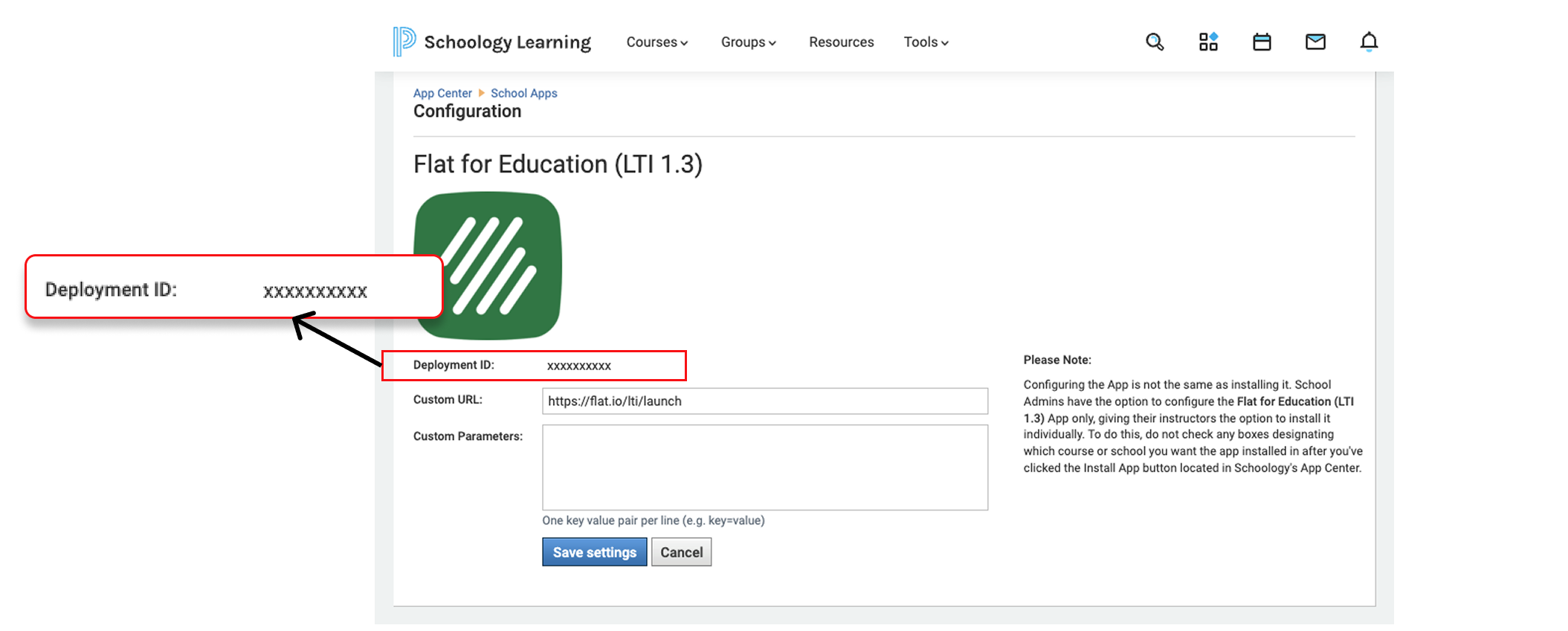 Schoology: Configure Flat for Education LTI 1.3 app