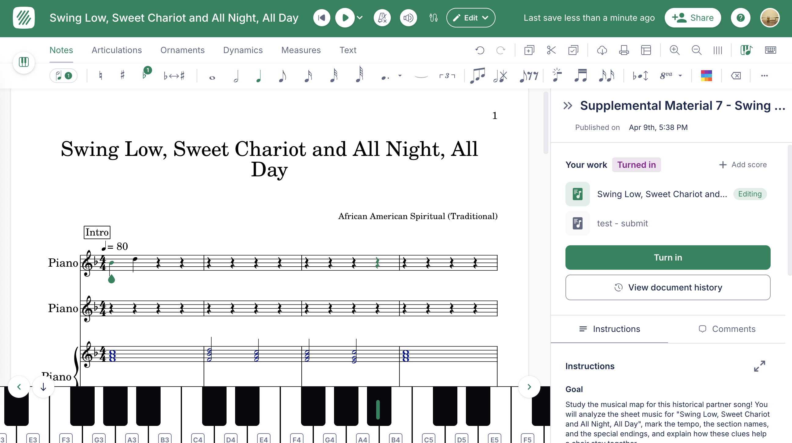Flat for Education student view showing an open assignment in the music notation editor