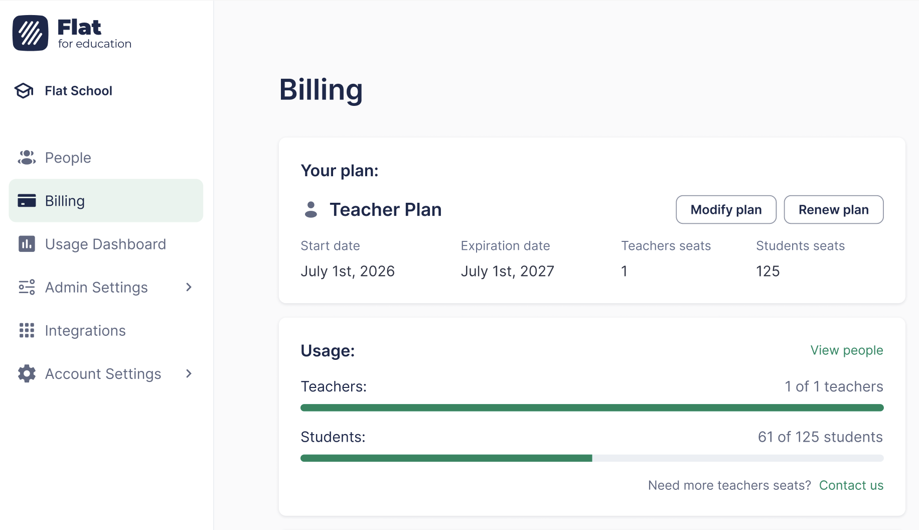 Flat for Education Support Admin dashboard showing billing and settings access, without classes or assignment screens