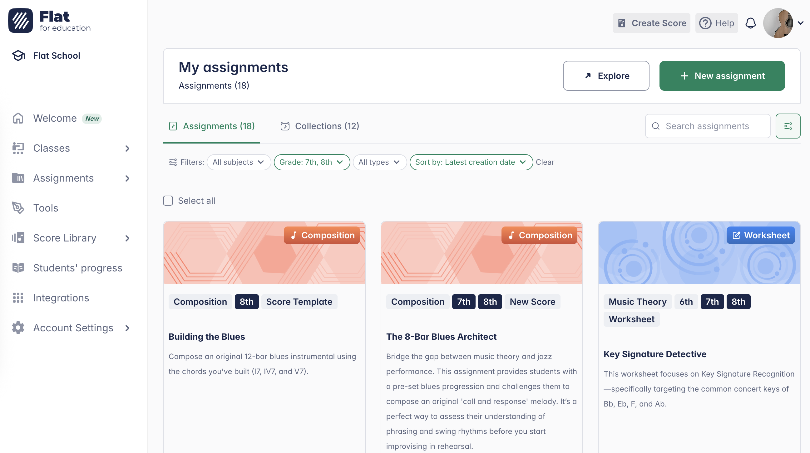 Flat for Education Teacher dashboard showing classes and assignments without admin or billing sections